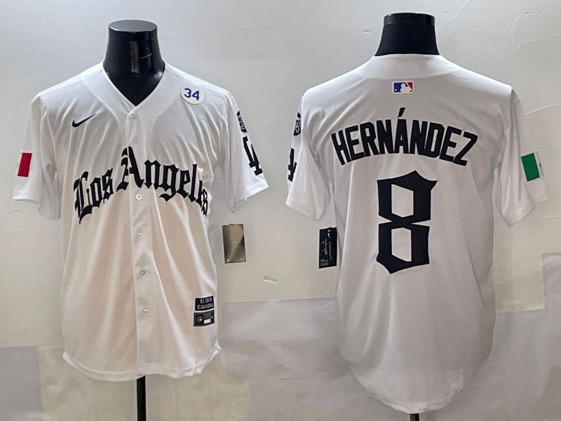 Men Los Angeles Dodgers 8 Hernandez White Five generations Joint Name 2025 Nike MLB Jersey style 9
